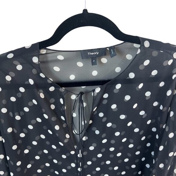THEORY Petite Polka Dot Black & Cream Sheer Tie Blouse - Picture 4 of 11